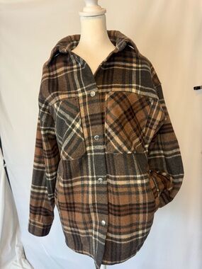 H&M Plaid Hooded Utility Jacket in Brown and Black, Can Be Used As Oversized Top